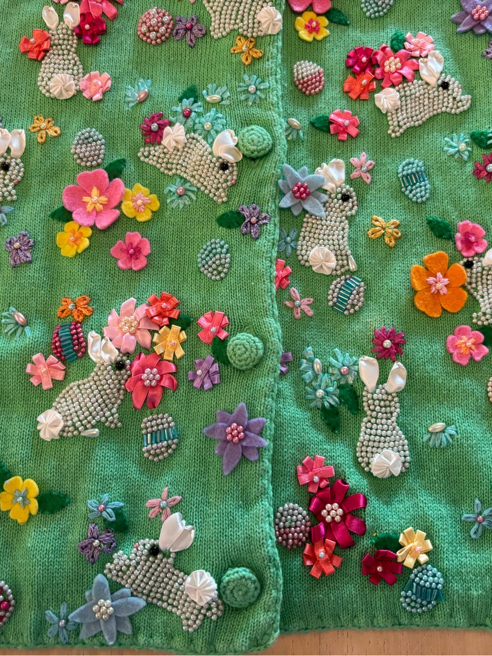 Vintage Michael Simon short sleeve green Cardigan Floral Bunnies size small - Picture 3 of 10